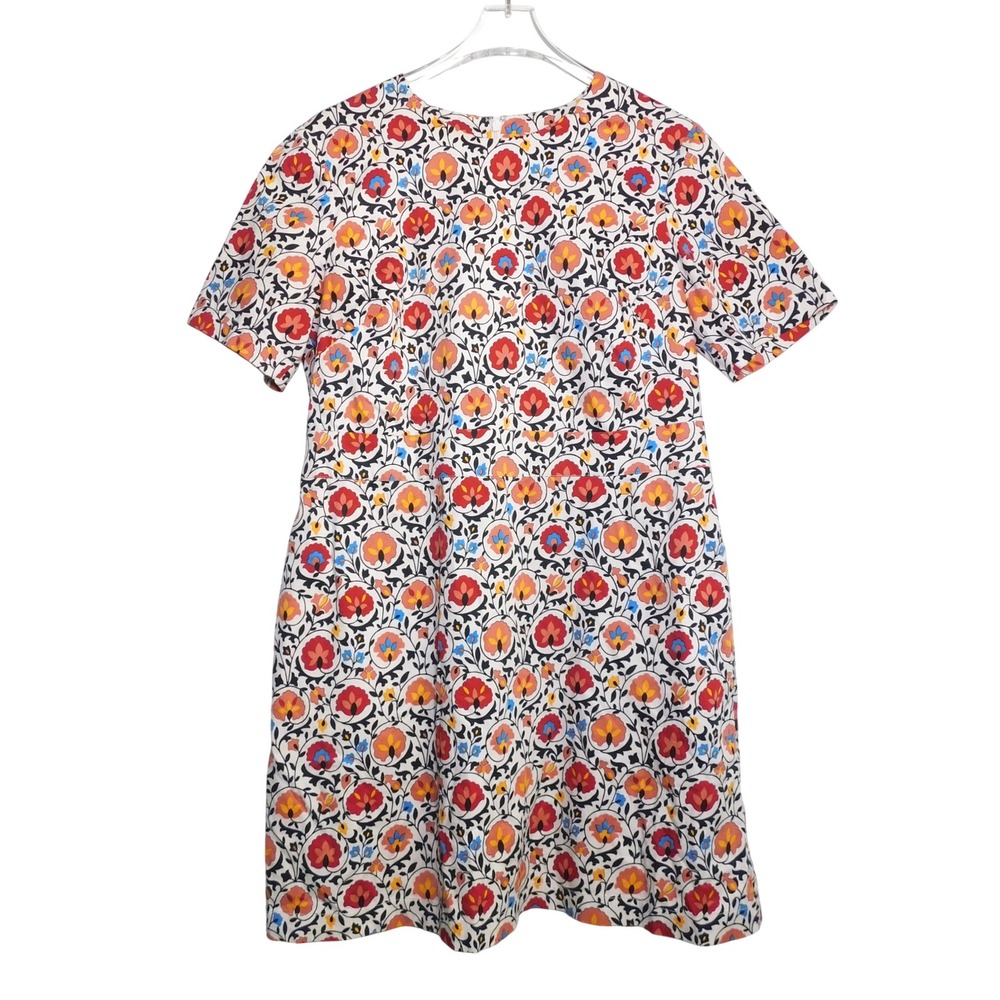 Boden Shift Dress Womens 12R White Floral Short Sleeve Cotton Blend D0342